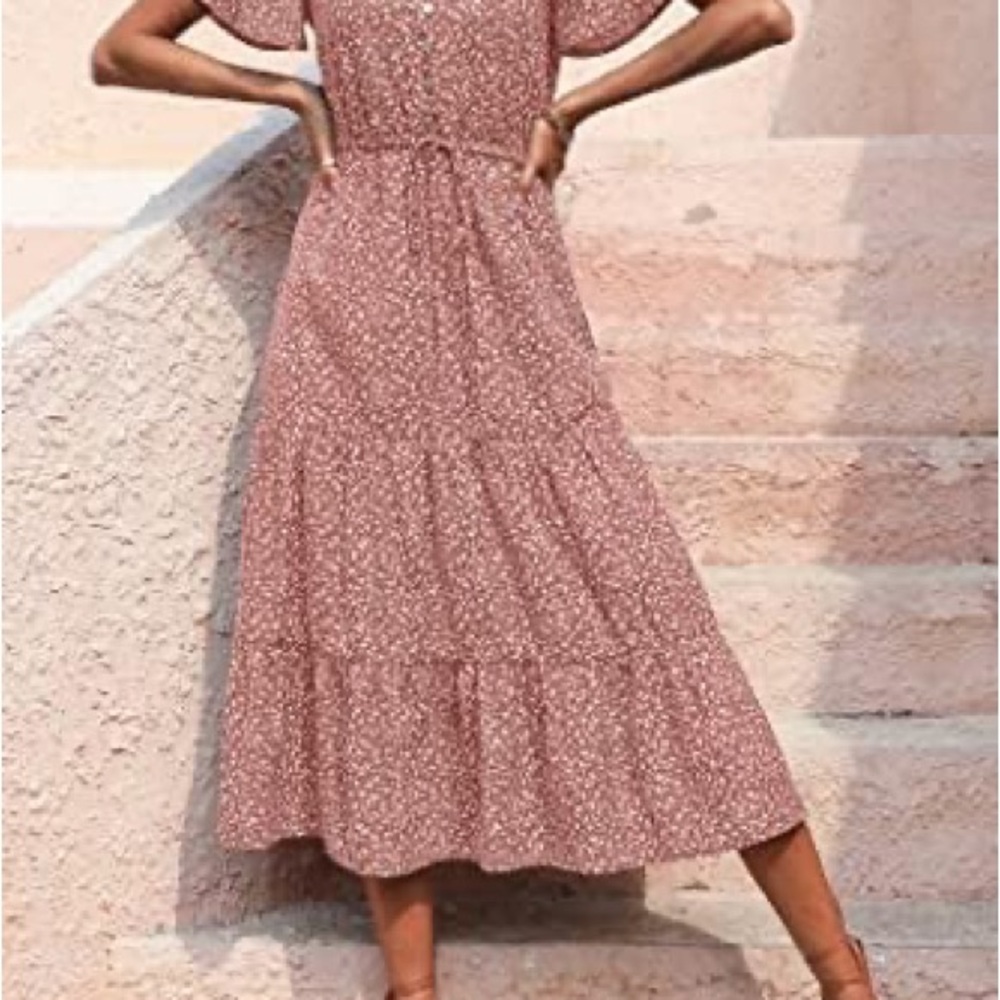 Pink Ruffled Tiered Maxi Sundress with Flutter Sleeves
